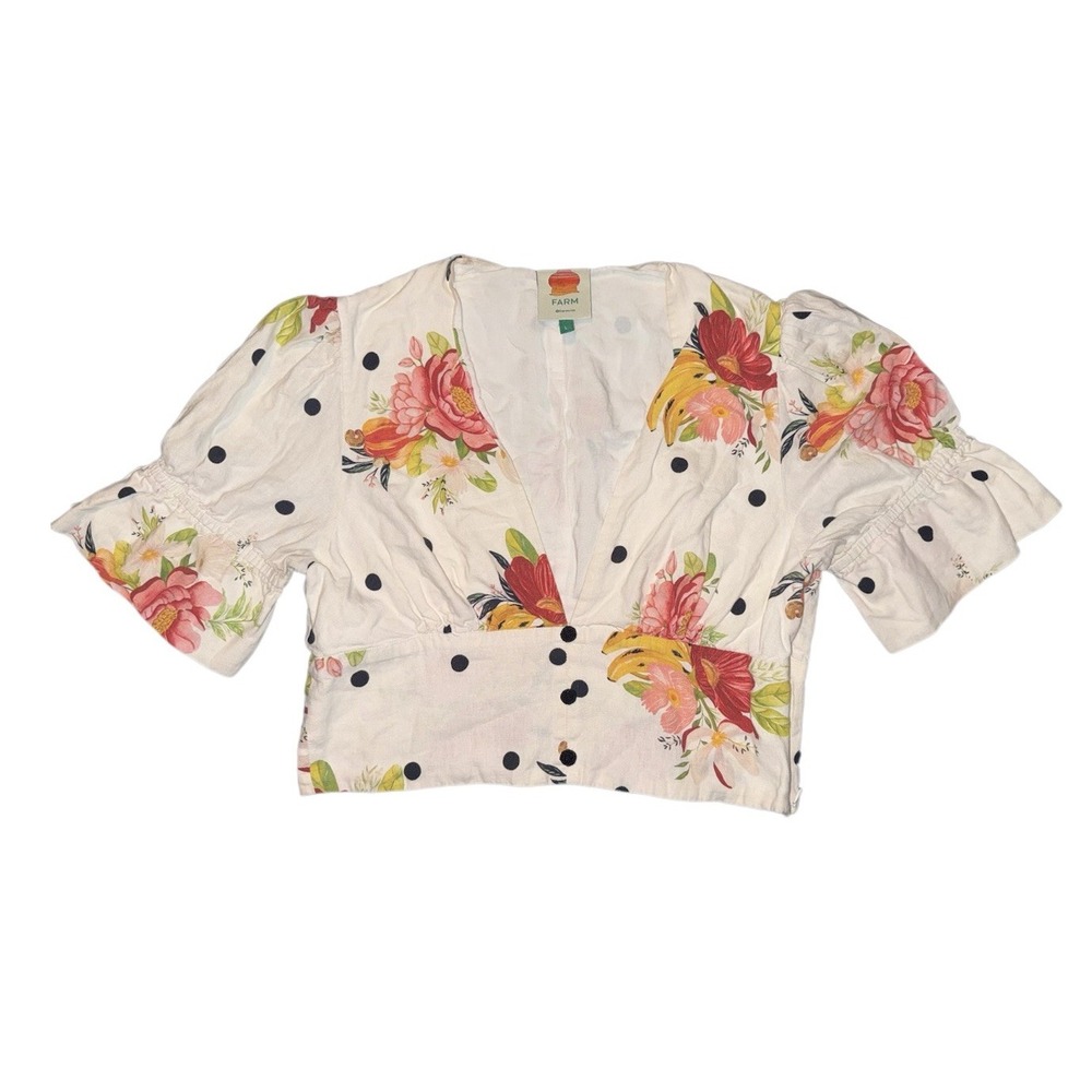 Farm Rio Nanaju Floral Polka Dot Crop Top Deep V-neck Puff Sleeves Size Large